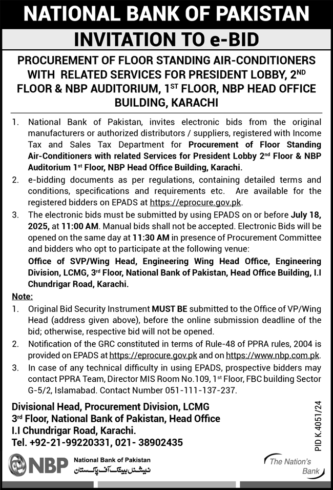 National Bank of Pakistan Karachi Tender Notice
